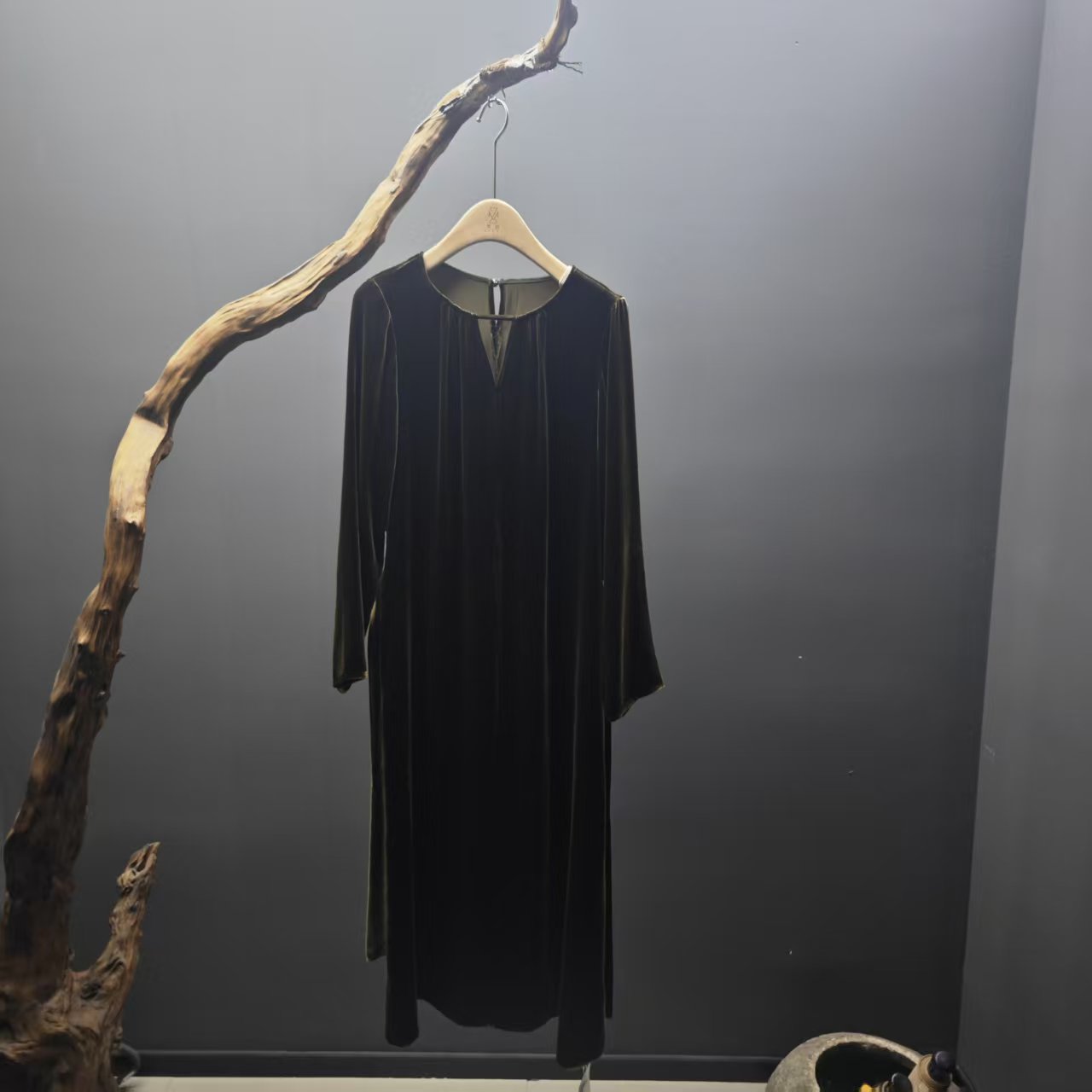 墨枝 真丝丝绒绿修身礼服连衣裙D900A418