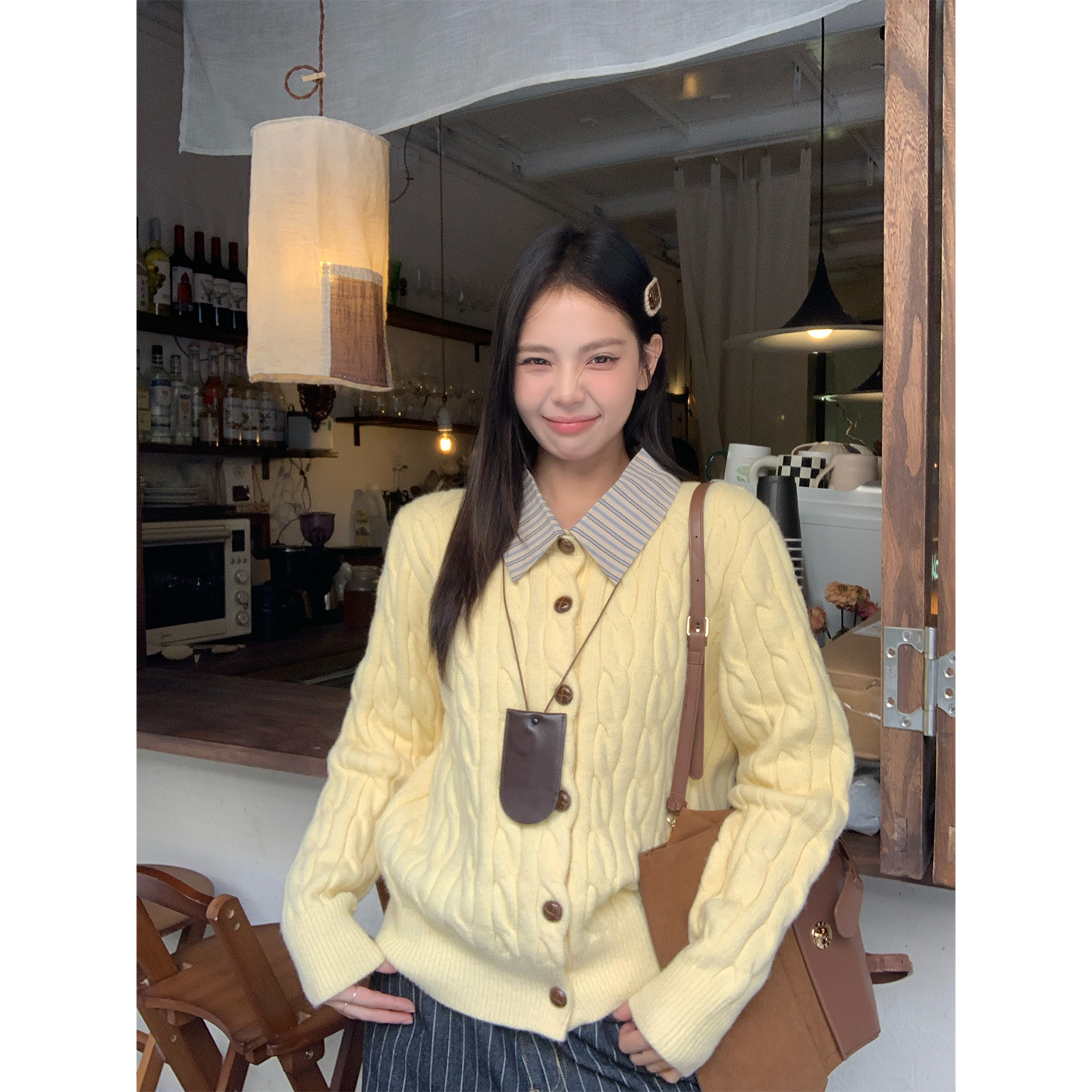 宋正恩12/22 10:00AM上新【鹅黄韩系复古翻领绞花针织开衫】ST2351