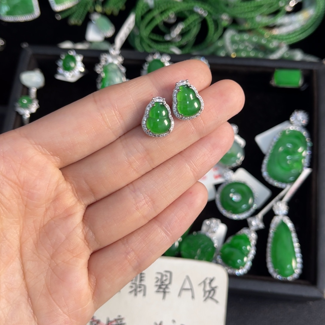 翡翠银S925镶嵌戒指葫芦耳钉