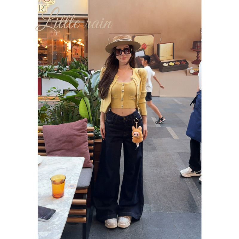 小雨姐姐【丹宁选手】时尚复古金属扣撞色明线宽松休闲百搭牛仔阔腿