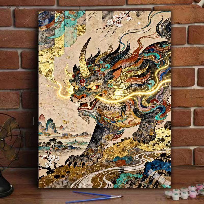 diy数字油画古风瑞兽半成品手工填色古风装饰画放客厅玄关