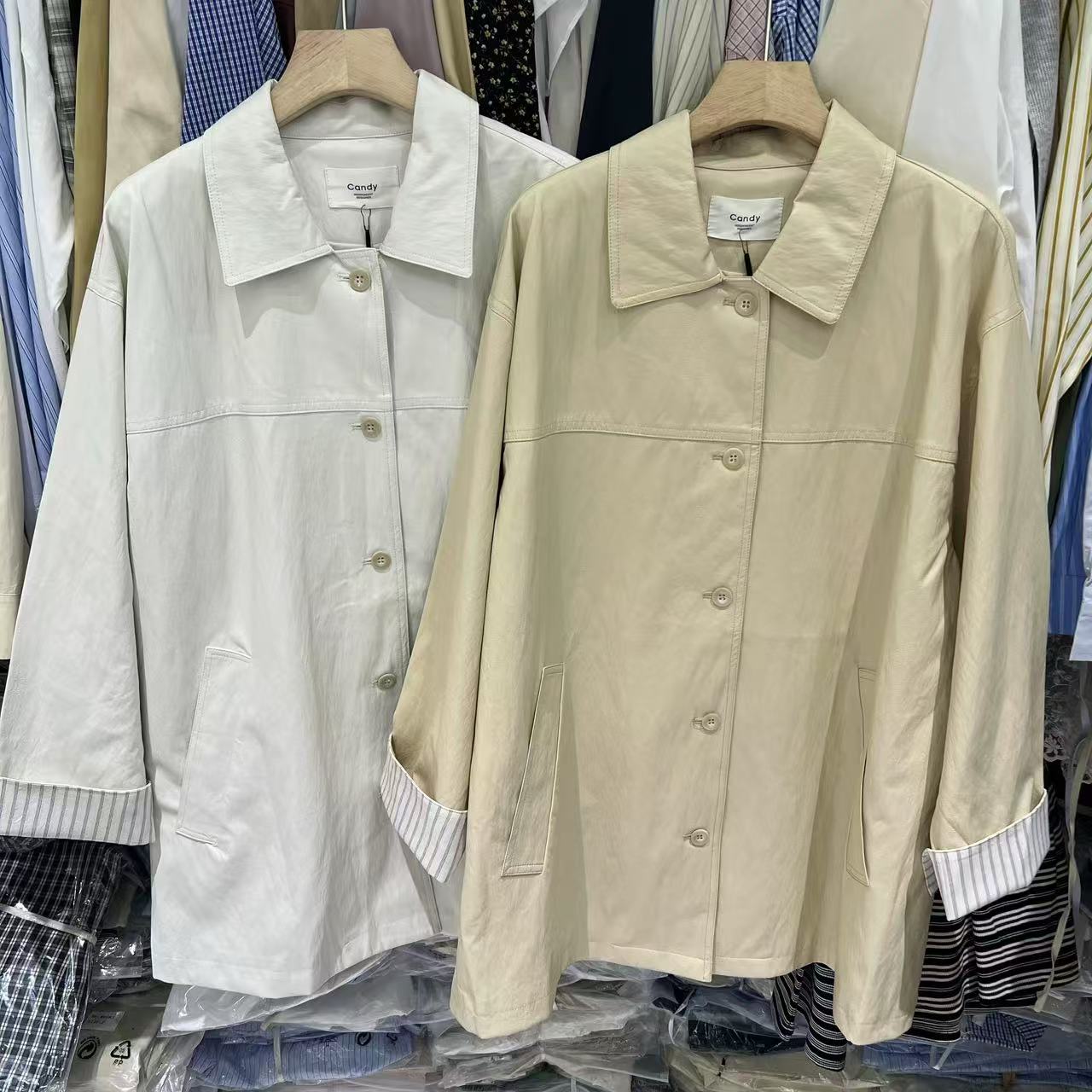 2025春季新款条纹翻袖撞色中长外套女超好看皮风衣外套番茄甜实拍