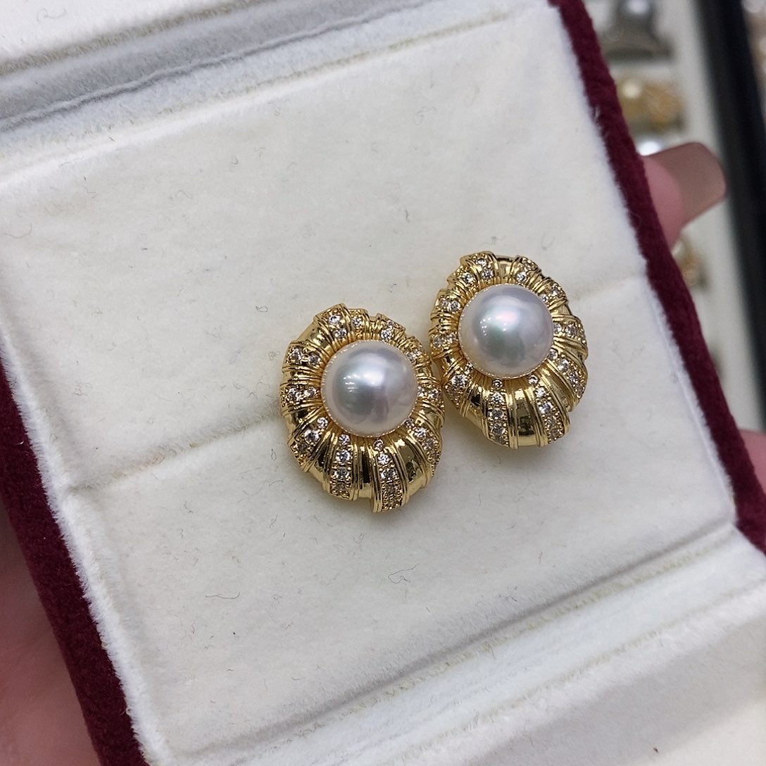 淡水珍珠耳饰合金8-9mm镜面光