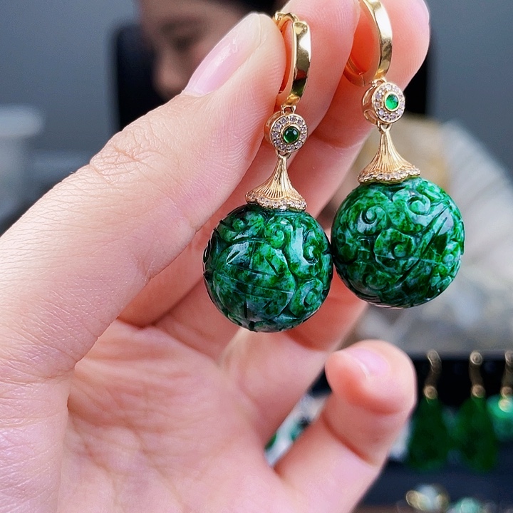 翡翠耳饰银S925镶嵌饰品