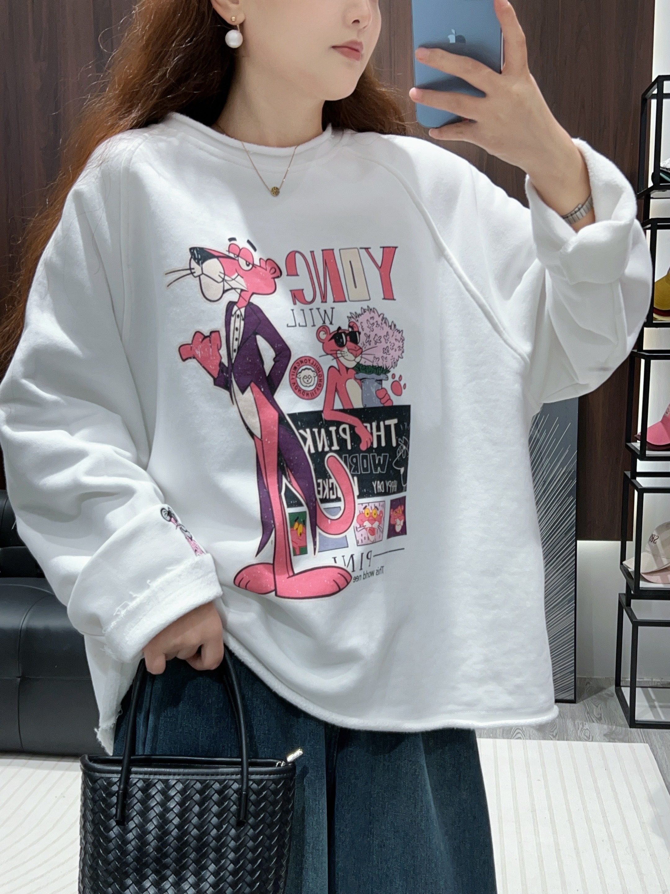 清货！【刺绣粉红豹】秋冬新款宽松时尚无感印花插肩袖休闲加绒卫衣