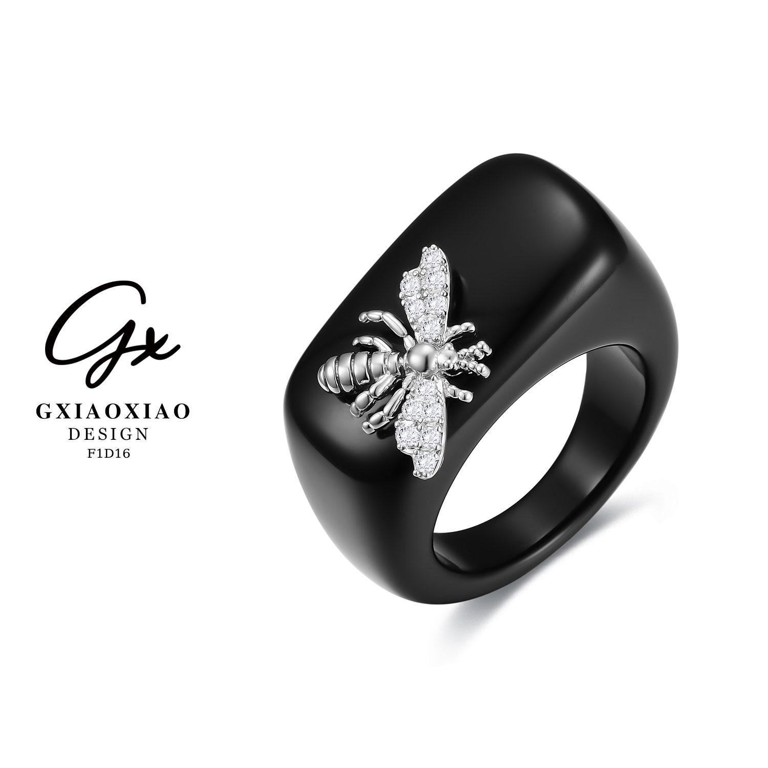 G XIAOXIAO 镀K金 高级感气质简约个性黑色蜜蜂戒指 F1D16