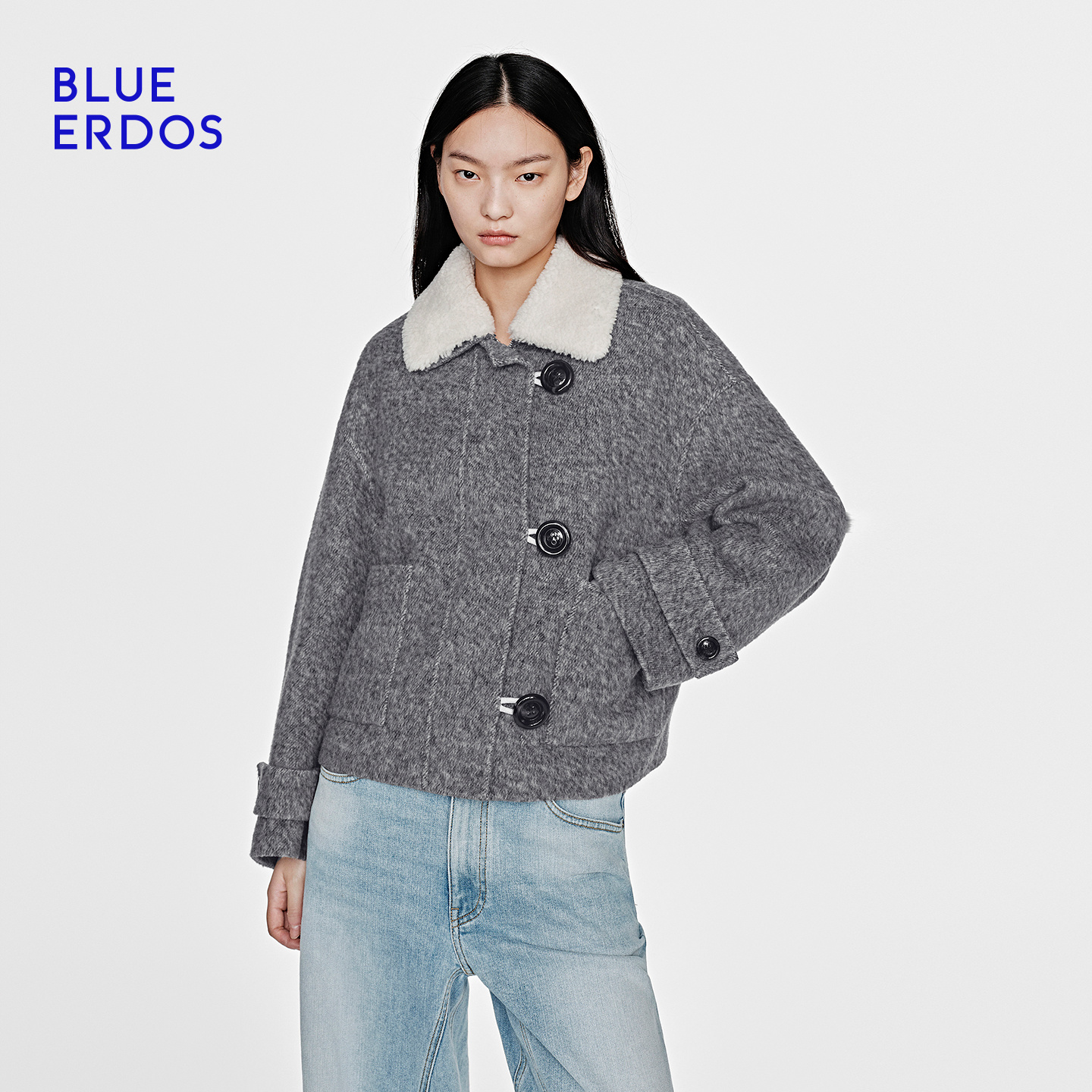 BLUE ERDOS 25秋冬新品流光风翻领可拆卸毛领女大衣外套B256J0702