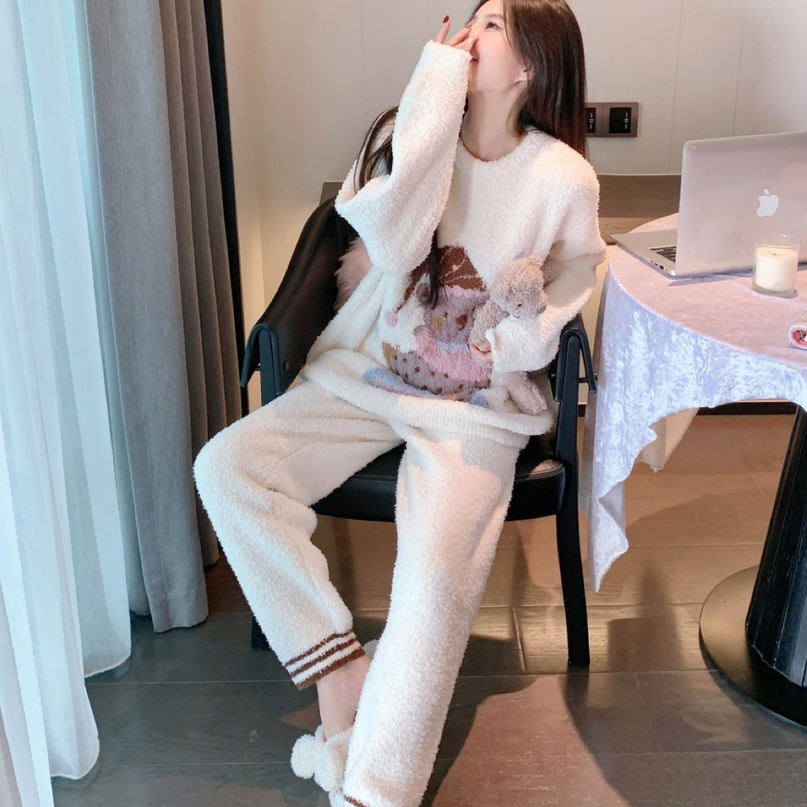 韩版带帽爱心小熊半边绒睡衣女秋冬季加厚保暖可外穿家居服ALE