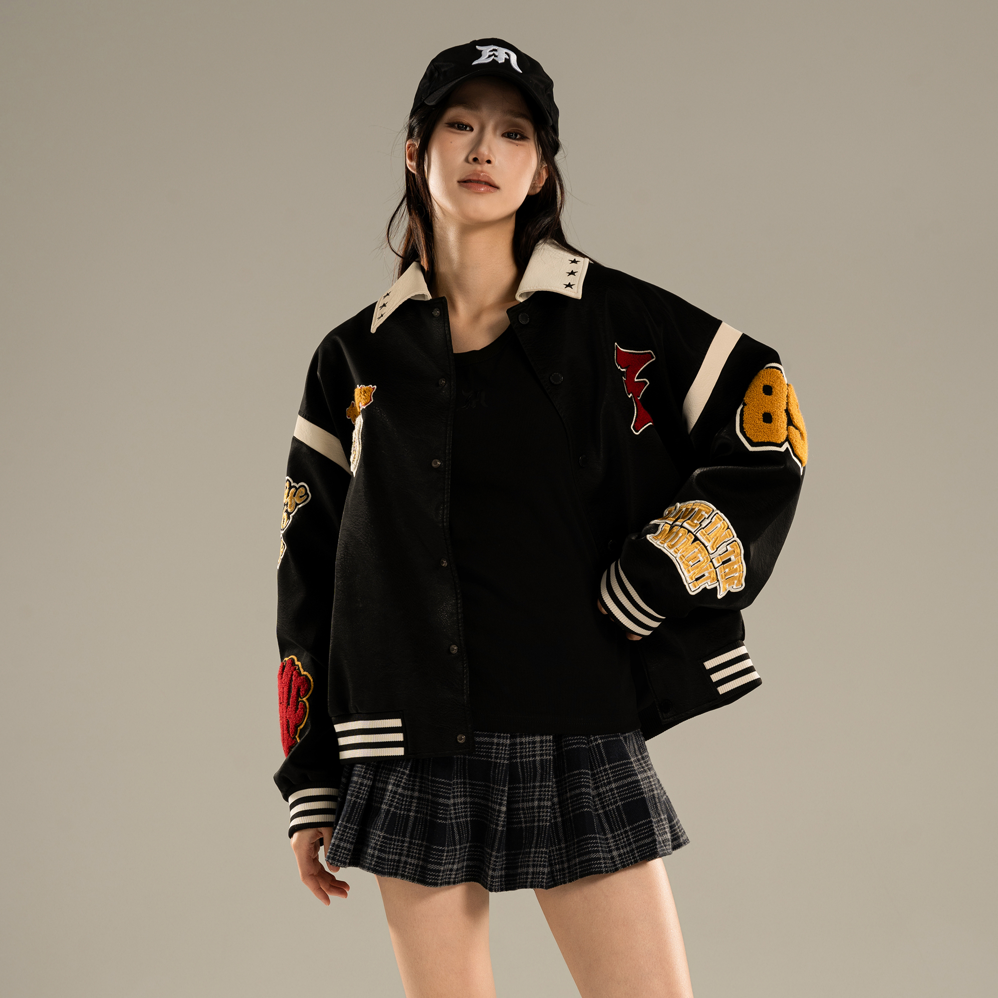 ZMOH美式2025春秋新款复古字母字绣拼接棒球服宽松百搭休闲外套