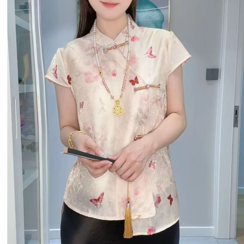 夏季新中式国风立领斜开襟短袖T恤上衣提花气质小衫