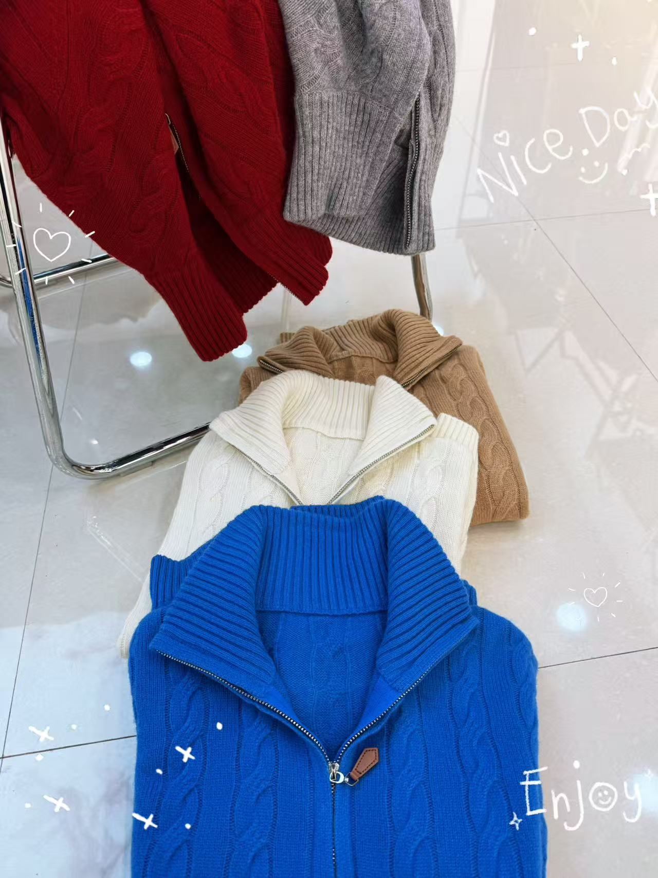 {独优}拉链麻花加厚中长款韩版纯色翻领秋冬时尚针织衫