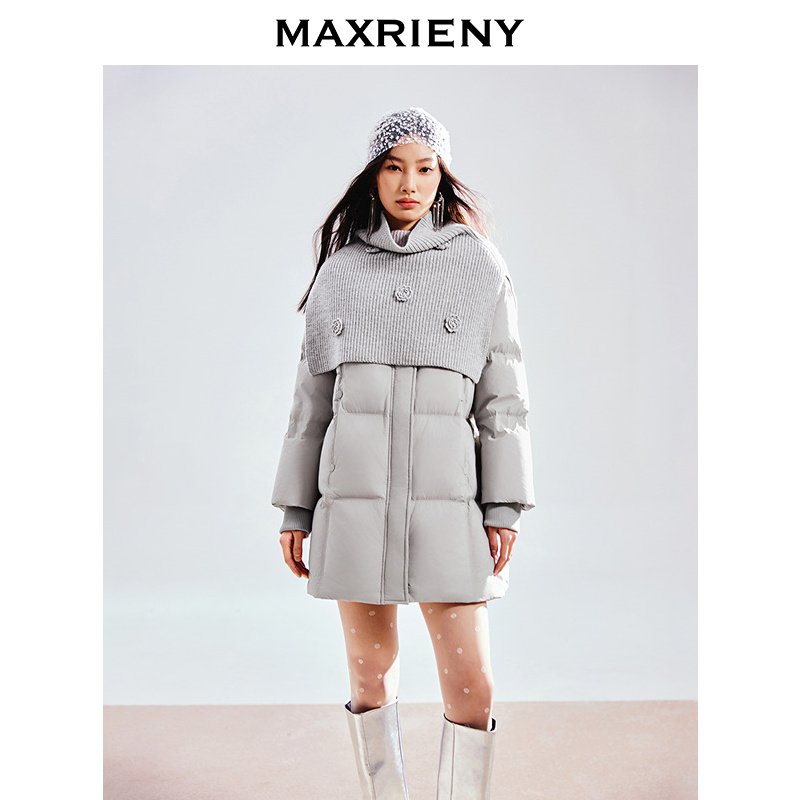 MAXRIENY设计感毛织披肩保暖羽绒服2024秋冬新款中长款外套
