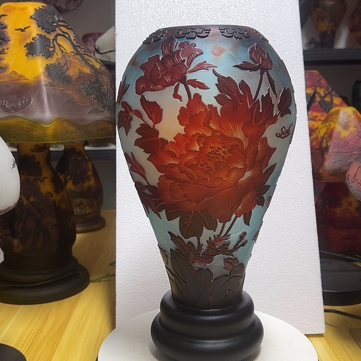 银***3手工艺品琉璃红色牡丹雕刻花瓶花器高35口7