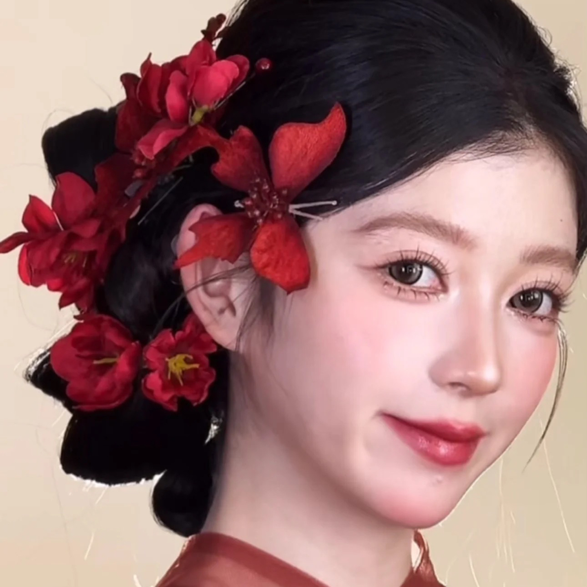 新中式酒红色蝴蝶新娘敬酒服头饰