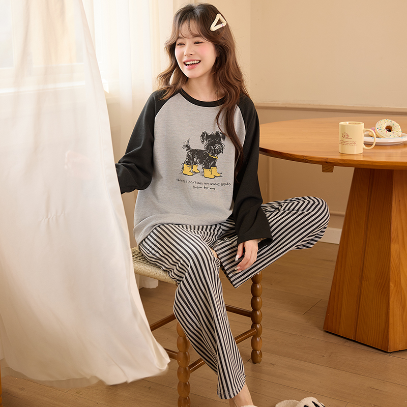 六月玫瑰秋冬可爱小狗睡衣薄绒保暖气质减龄圆领舒适长袖套装L003