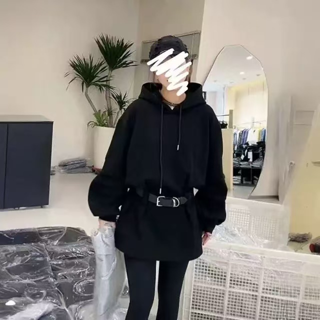 王大温柔家～大码女装美式复古连帽小众设计感收腰卫衣裙（带腰带）