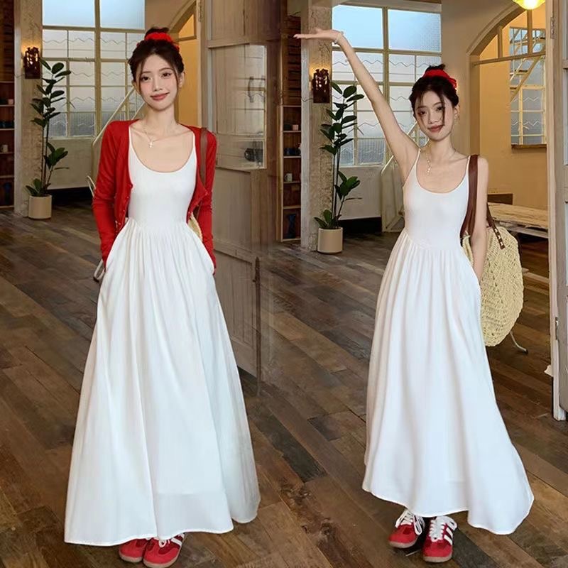 吊带长裙法式白色连衣裙夏季气质裙子收腰裙红色纽扣开衫上衣套装