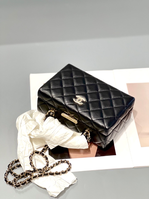 95新 Chanel/香奈儿 夏七中古/24k手提黑金盒子包/单肩包