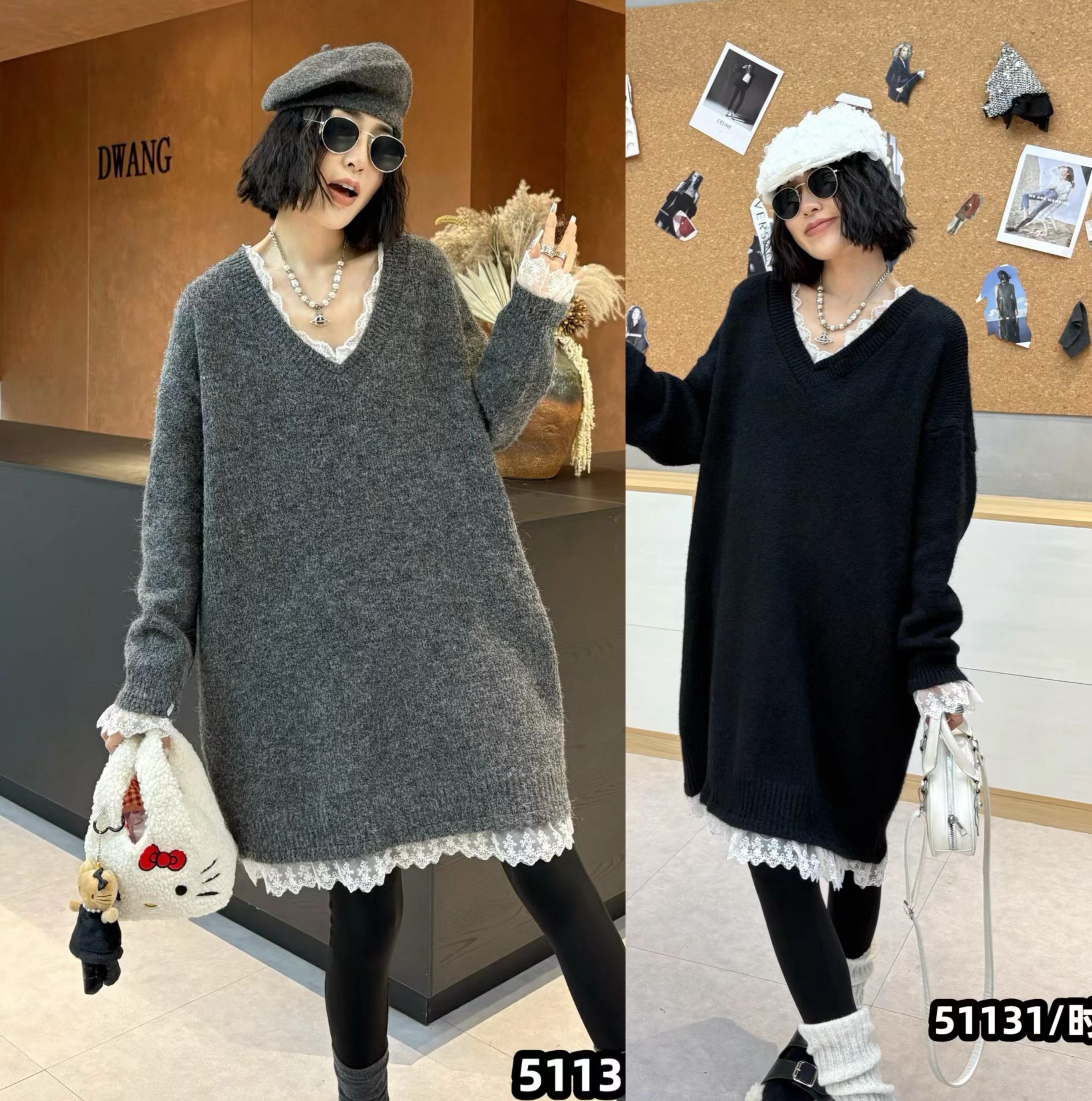 韩版孕妇新款针织v领高级感中长款上衣2025新款小个子毛衣裙