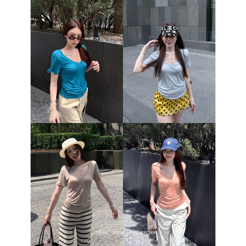 YISHEZ “水光Tee”原创薄款V领短袖T恤纯色打底衫
