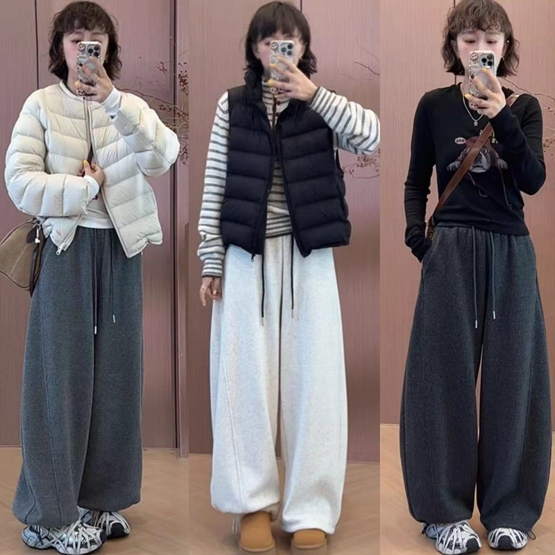 拉夏贝尔加绒加厚毛呢保暖弯刀裤女2025秋冬新款高级感显瘦休闲裤