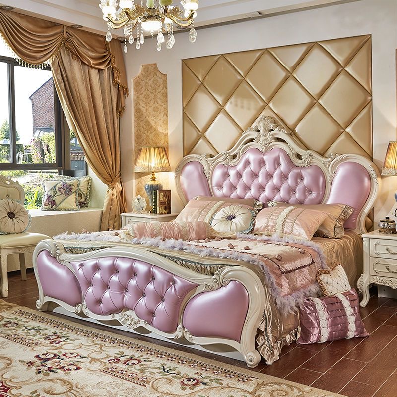 【仙女风】简欧轻奢简约大床主卧室ins风公主床成套头层牛皮床高箱