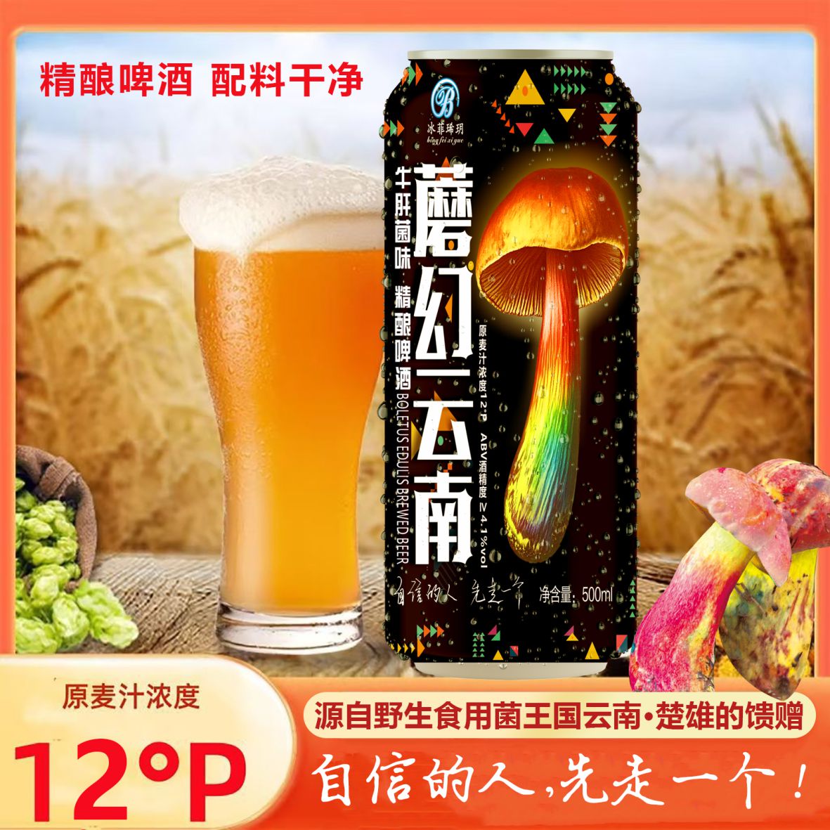 云南特产蘑幻云南牛肝菌味精酿啤酒送礼500ml【厂家直销 非代工】