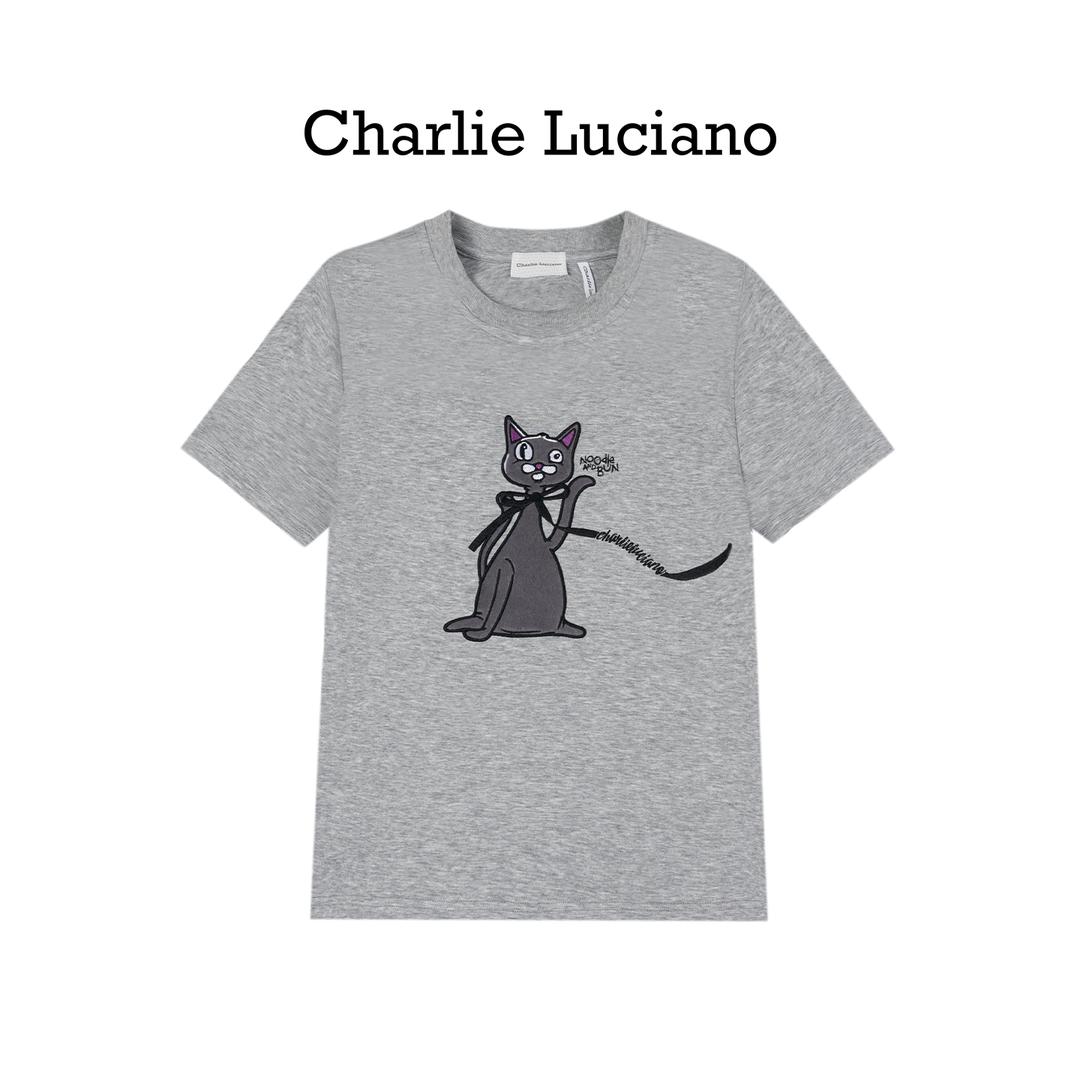 Charlie Luciano面条和面包联名贴布绣短T恤夏季新款圆领短袖上衣