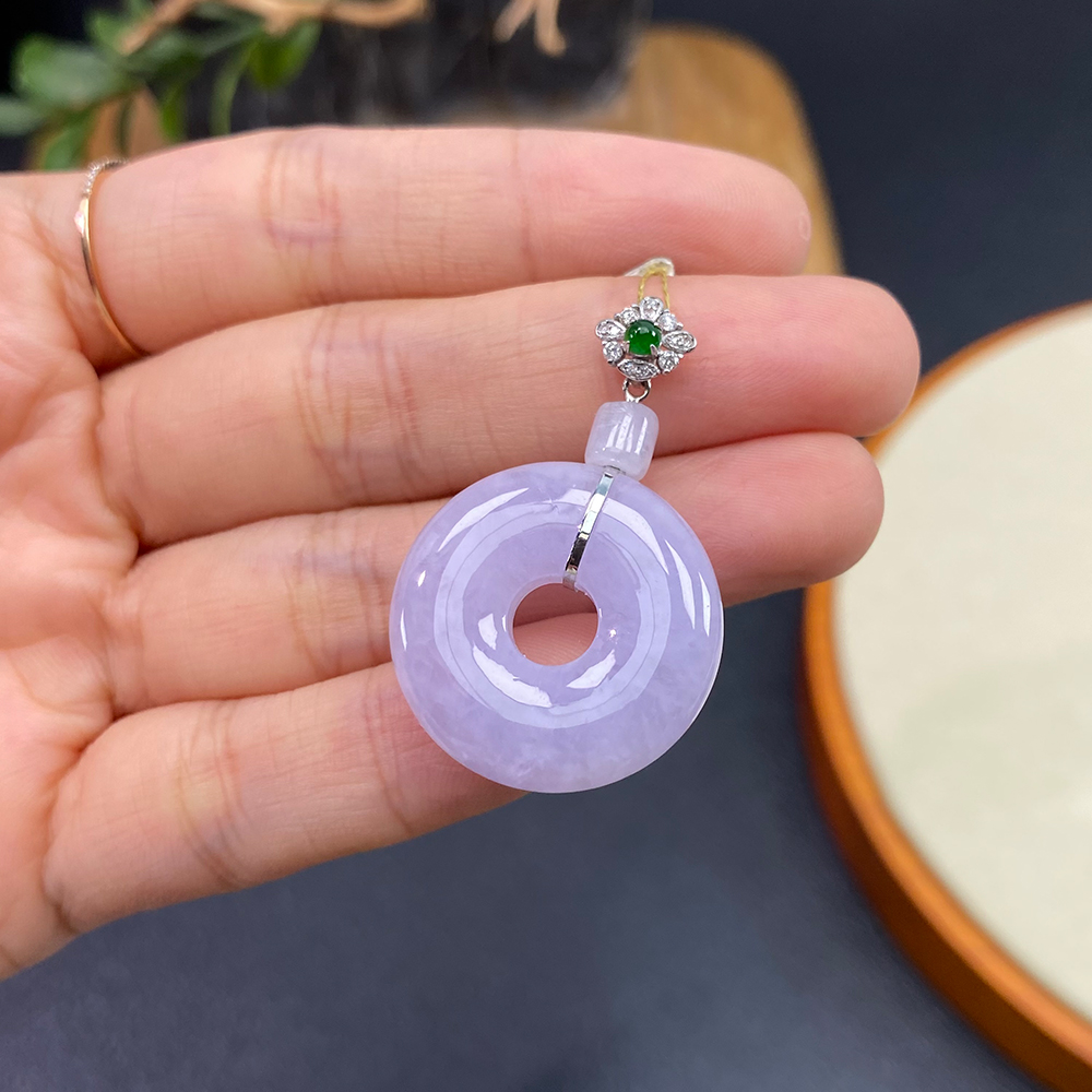 如意宝珠宝  正品18K金扣甜甜圈翡翠玉石吊坠天然A货玉坠BP186