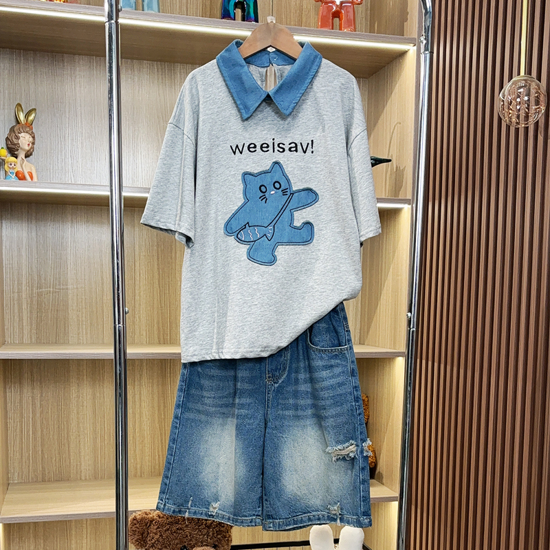 女童牛仔领POLO衫短袖牛仔短裤套装