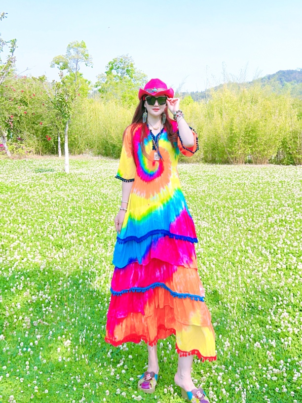 泰国手工扎染前后V领彩虹连衣裙（每件稍有不同）
