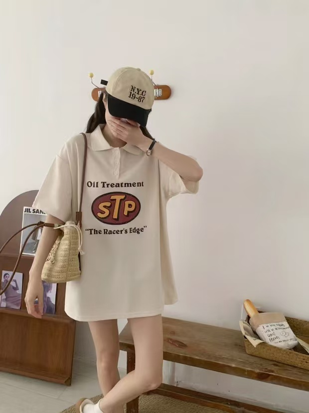 8896  韩版纽扣中长款刺绣短袖印花T恤时尚ins卡通  三楼