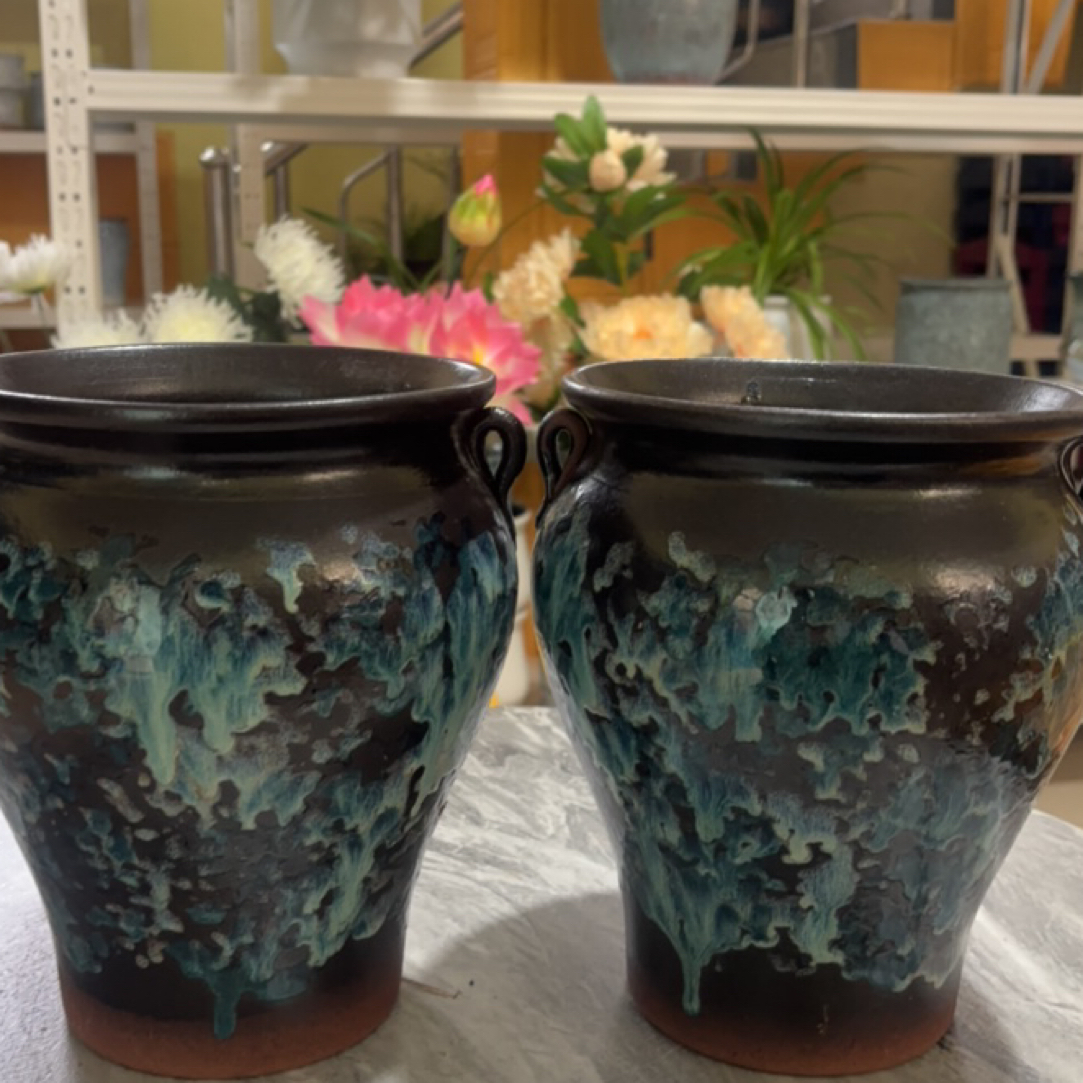 复古鱼尾双耳粗陶透气花盆家用侘寂风陶瓷盆如图2个高度22口经17