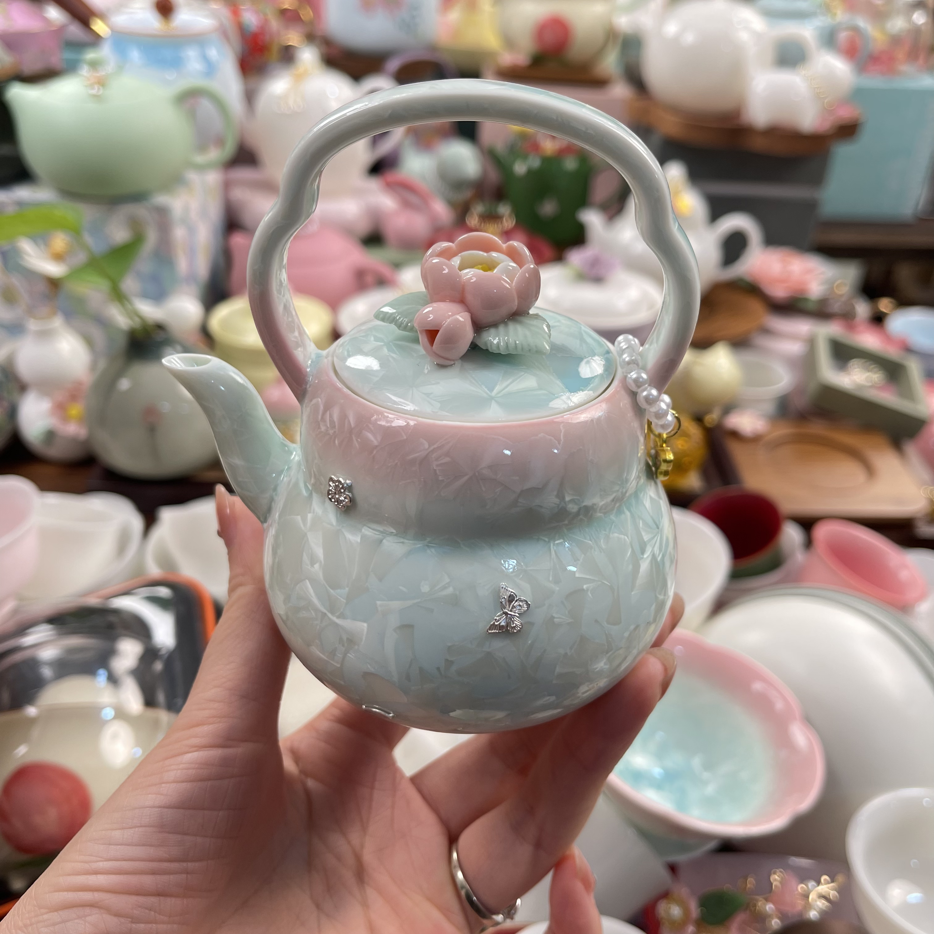 桃红柳绿 结晶釉捏花手工锔钉提梁壶