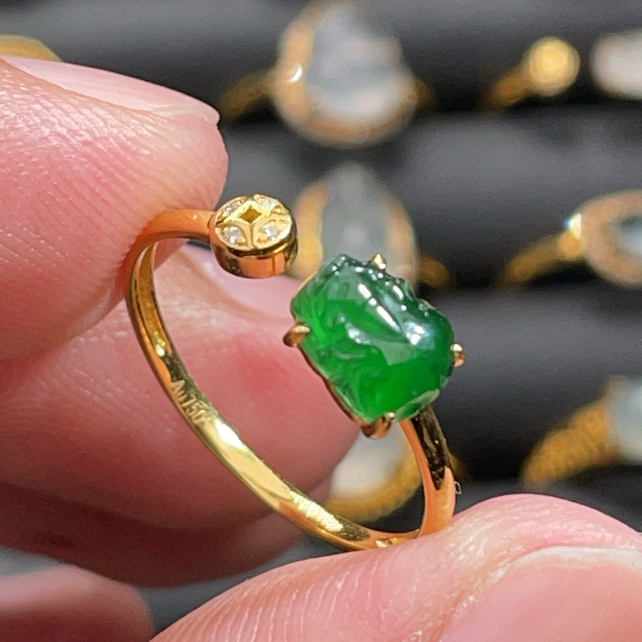 18K金天然翡翠A货1480貔貅满绿戒指K黄阳绿开口多样性发货只发1件