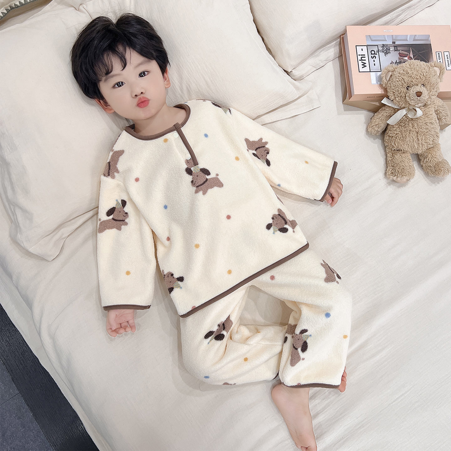 245 246 男童 2025新款秋冬季雪肤绒睡衣半领套装家居服小狗卡通