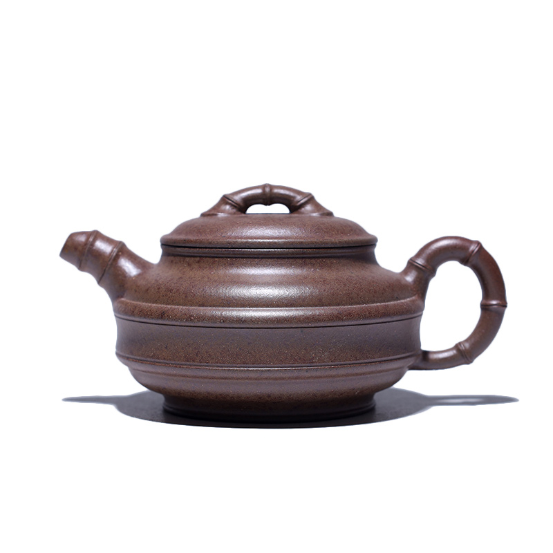 大吉羊柴烧 宜兴紫砂壶茶壶 原矿本山绿泥 双线竹鼓130ml庄勤英