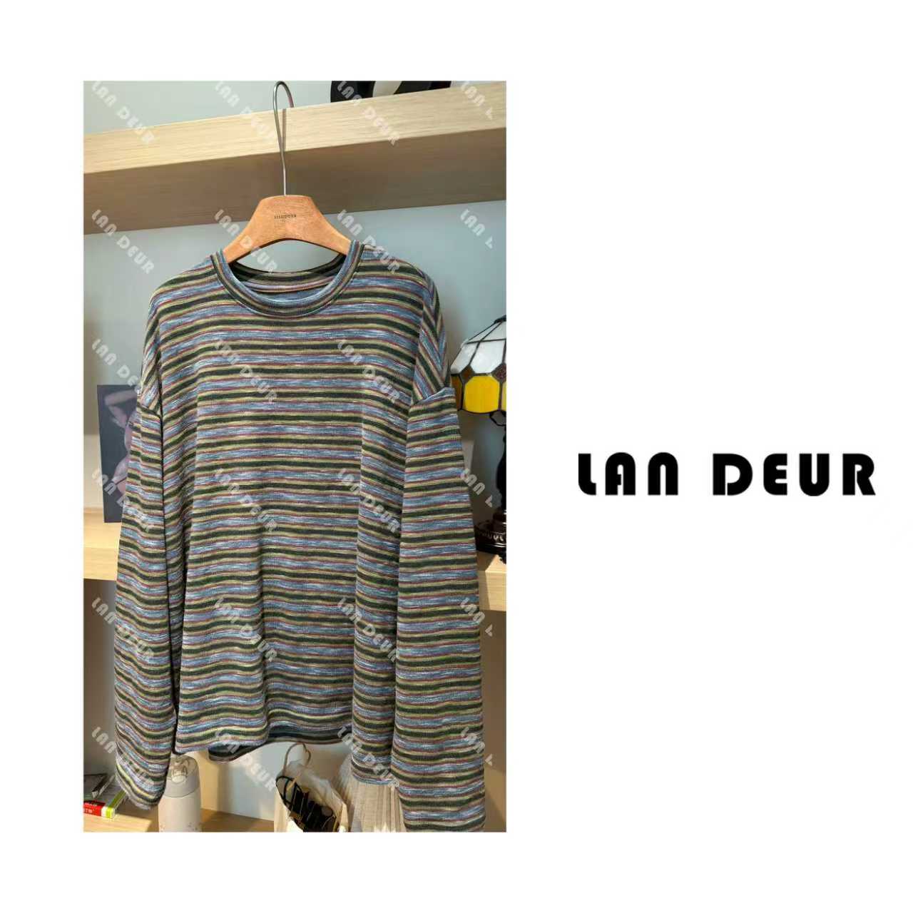 JIUJIU【彩色线条】圆领舒适彩色条纹长袖微弹中长款百搭T恤