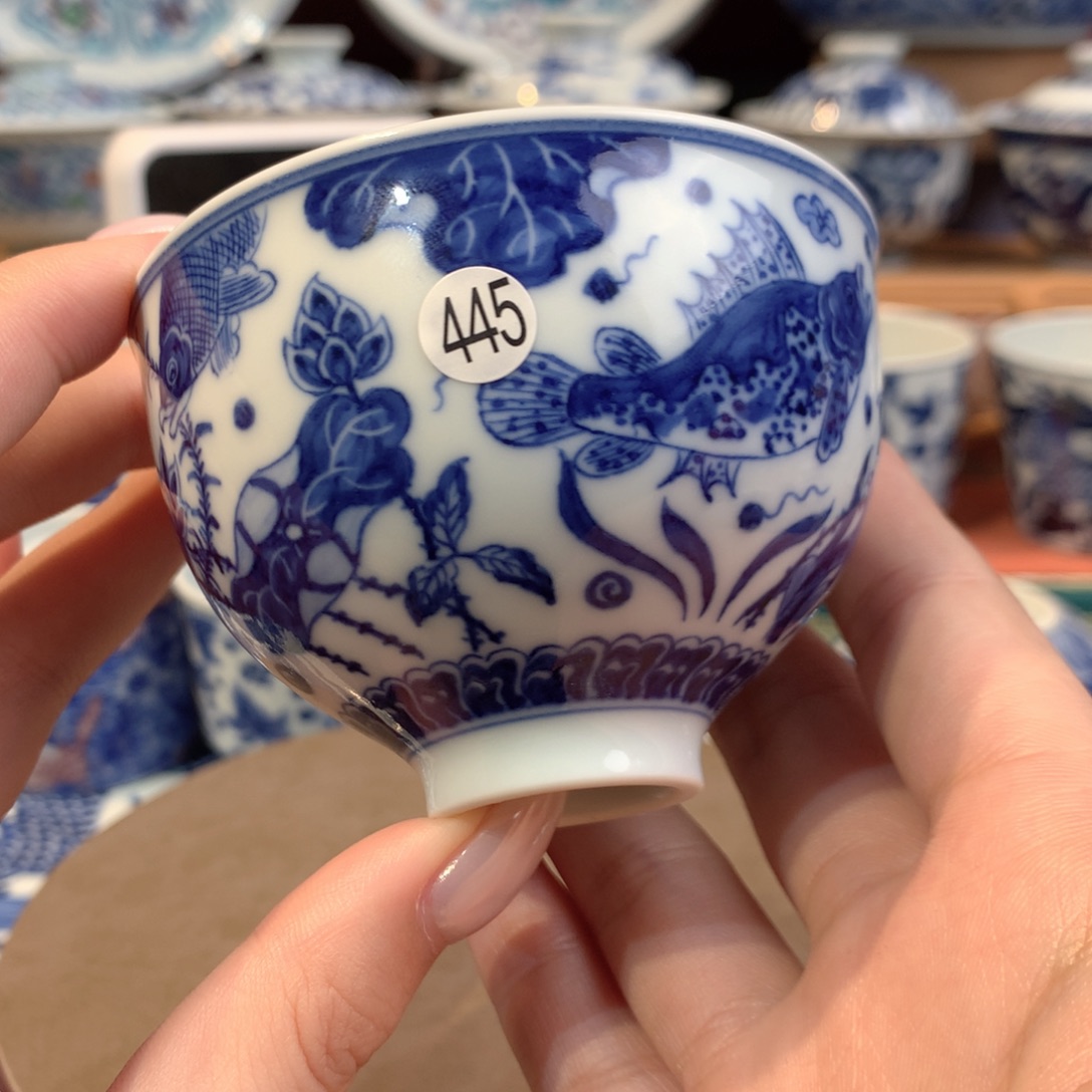 玄***子445青花鱼藻鸡心杯wls201