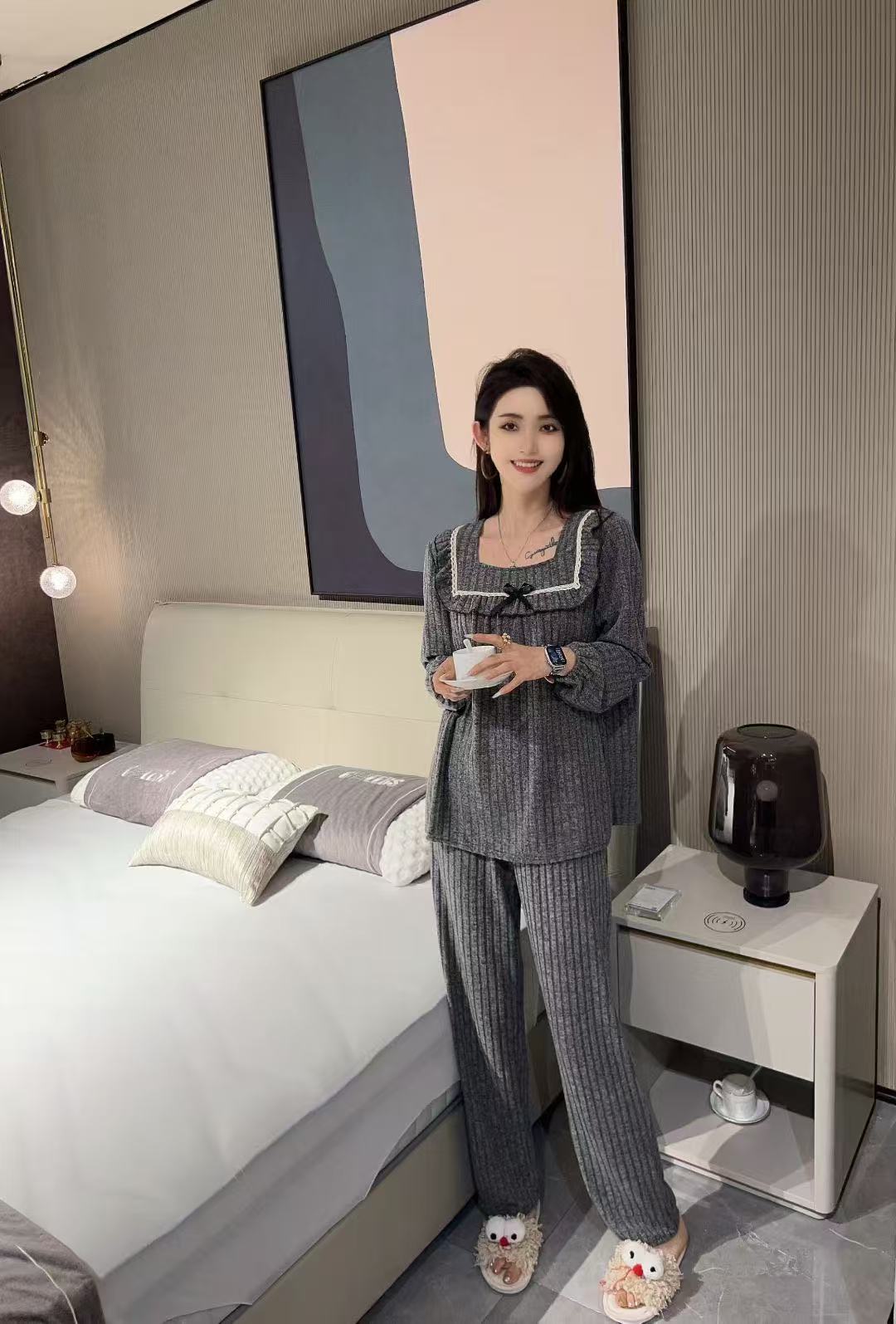 秋冬针织时尚气质休闲宽松舒适大码长袖女士睡衣家居服套装