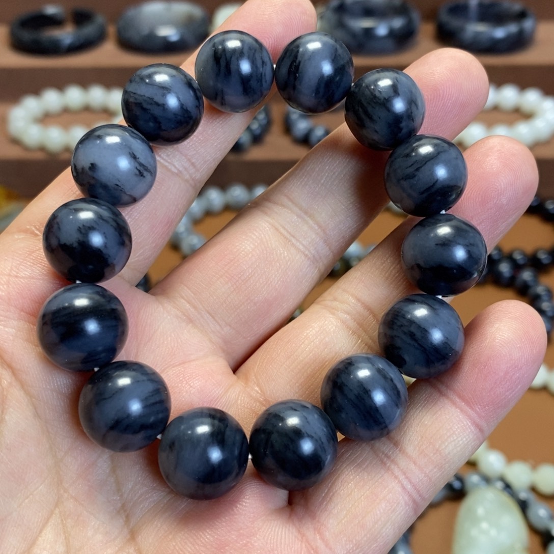 和田玉未镶嵌手串新疆和田玉青花水墨意境15圆珠手串