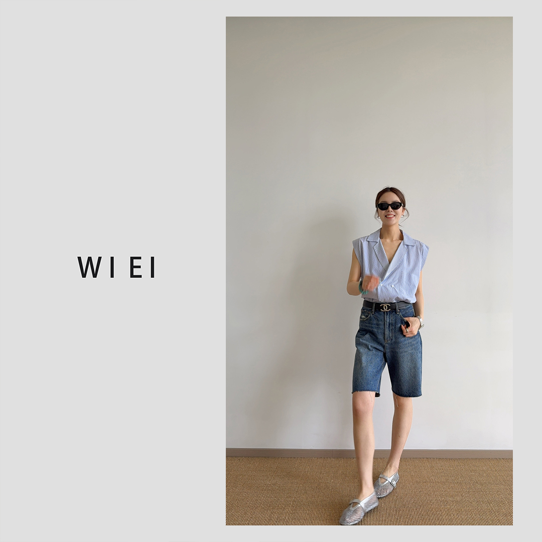 《WI EI》蓝星* 醋酸 定制色织条纹 休闲无袖衬衫 6Z018