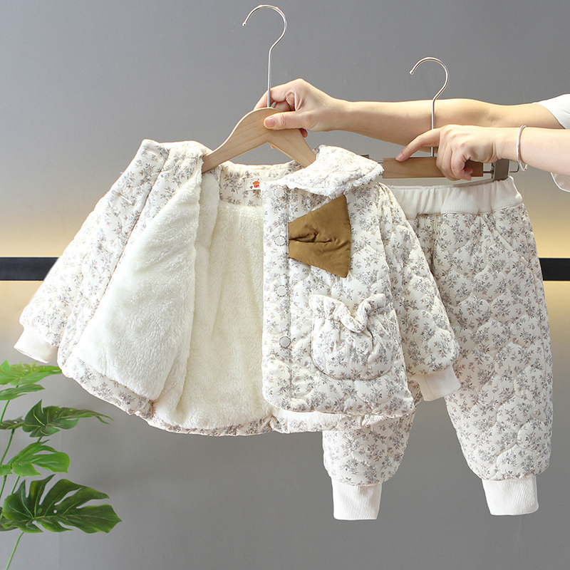 女童冬季棉服2025新款网红女宝宝加绒棉衣两件套洋气宝宝加厚套装