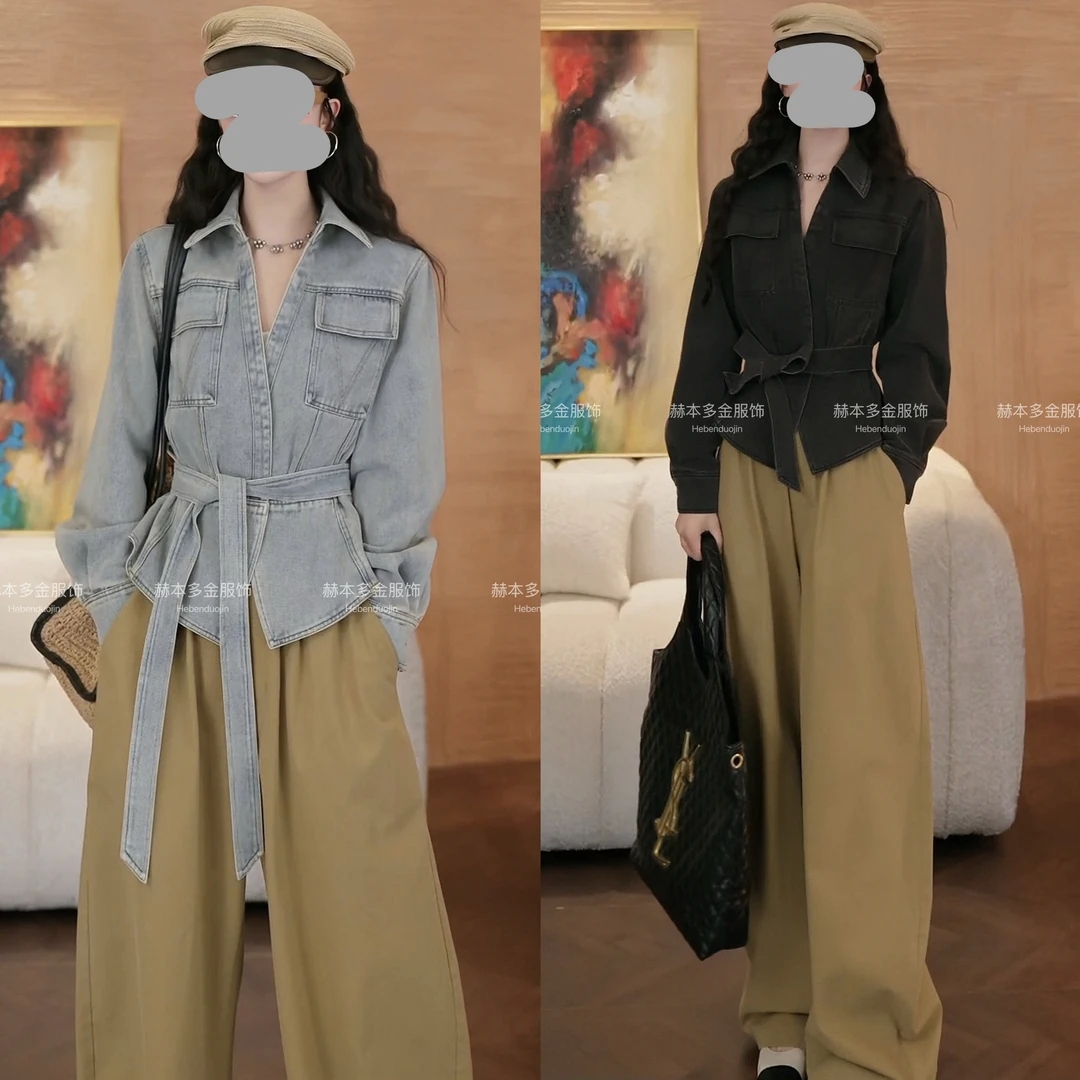 春季穿搭一整套女2025新款韩系美式复古牛仔外套显瘦阔腿裤两件套