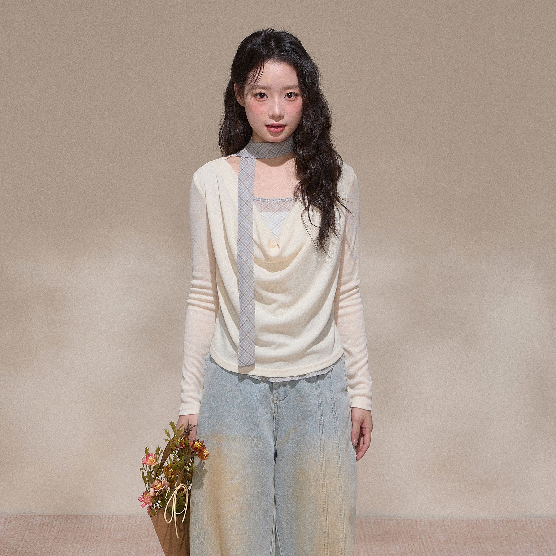 【NCXK】法式荡领拼接格子假两件长袖T恤设计感显瘦飘带秋季CX25123