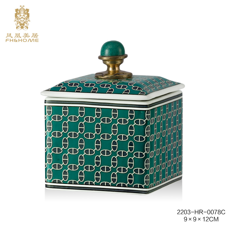 FH&HOME/凤凰美居欧式方形小盖盒绿色卧室首饰盒精美饰品盒