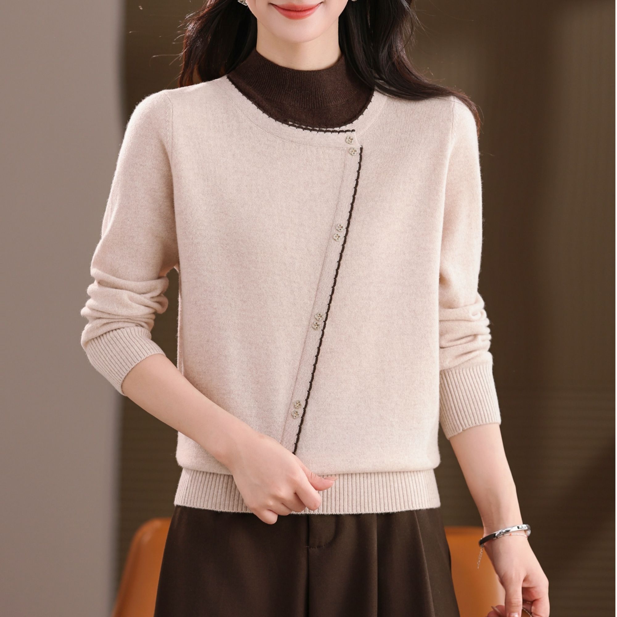 黛妍6870冬季新款100%羊毛洋气时尚 斜门襟假两件半高领针织上衣