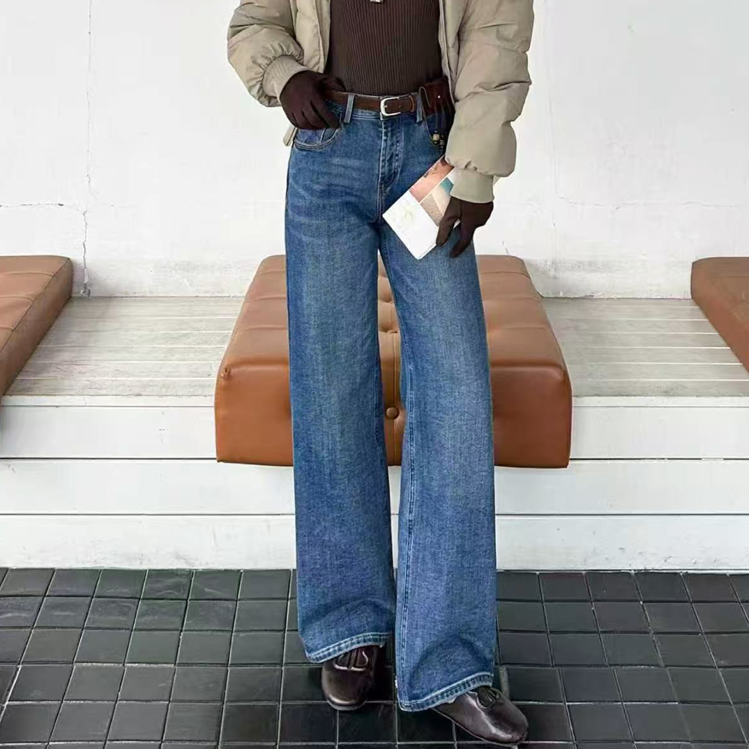 NFM女驸马秋冬新款时尚蓝色显瘦窄版加绒直筒牛仔裤61088