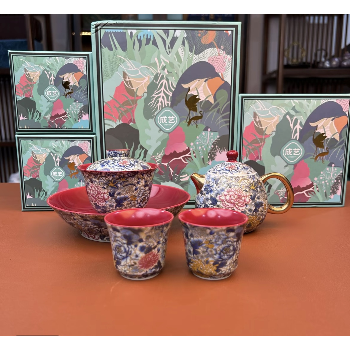 ZH4120-万花银锦龙胆壶+万花银锦三才盖碗+两个万花银锦马蹄杯