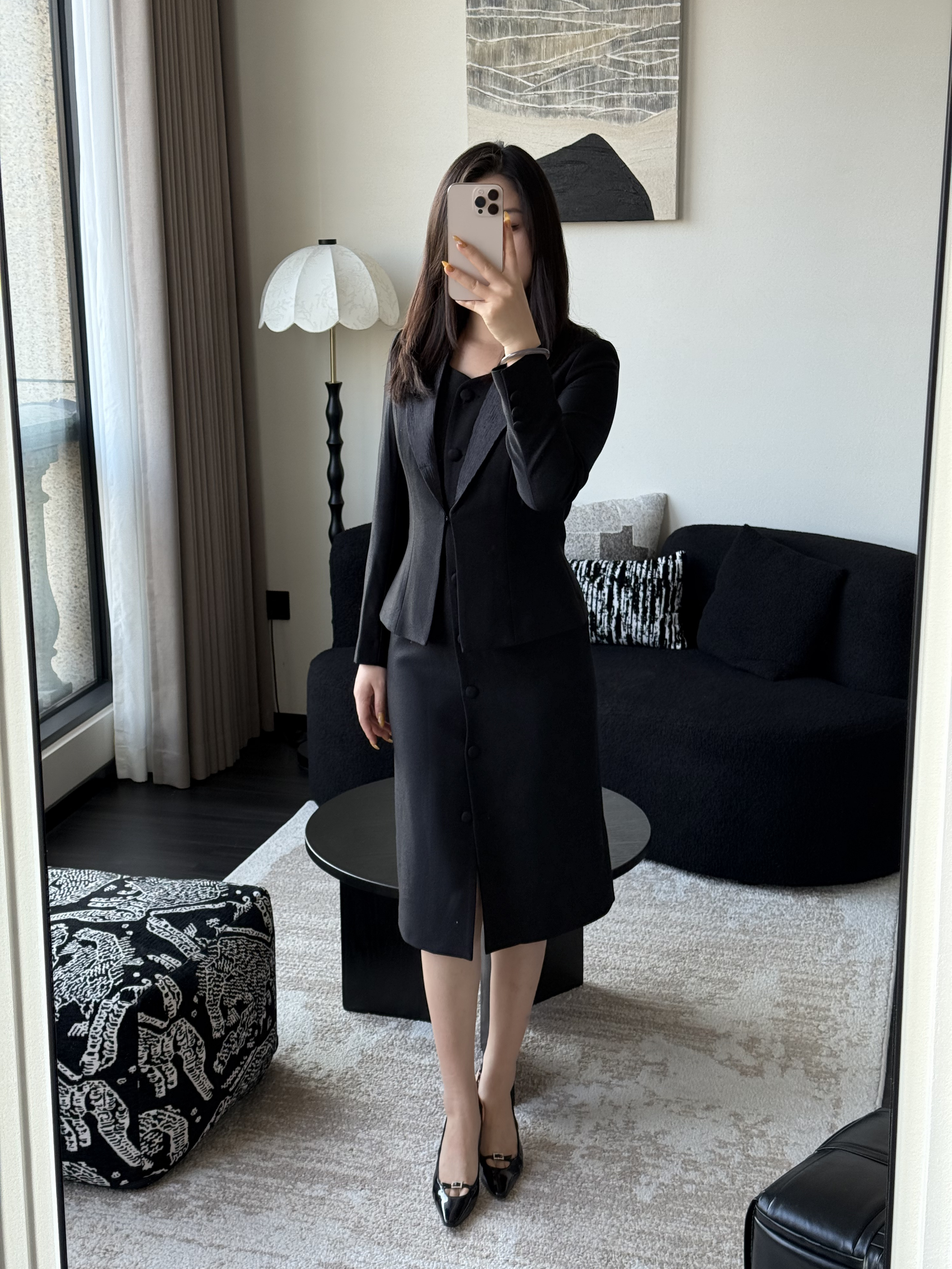 CArae假两件黑色修身连衣裙女职业装西装领排扣气质高级感通勤裙